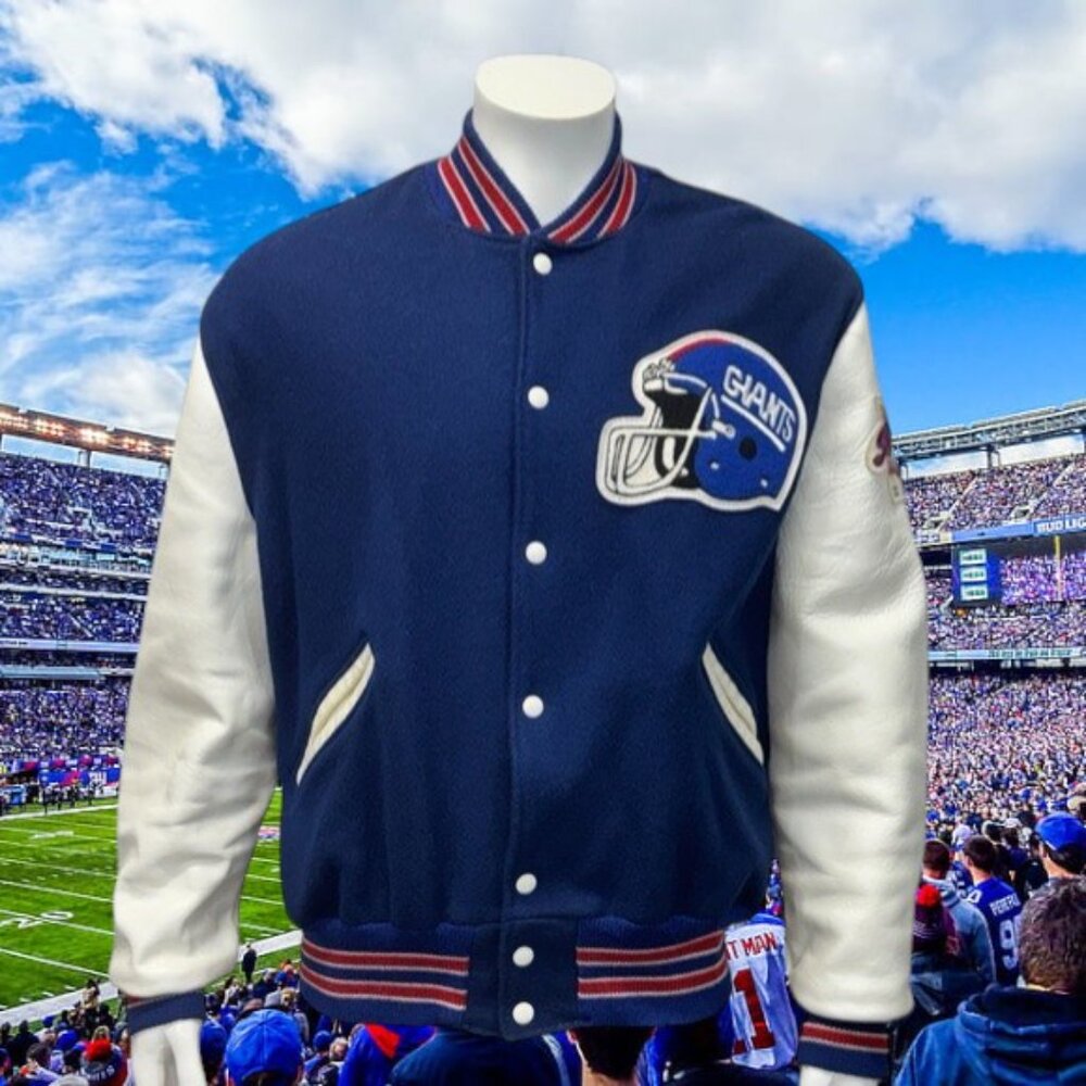 Vintage 80s New York Giants NFL Wool Leather Letterman Super Bowl XXI Jacket 46